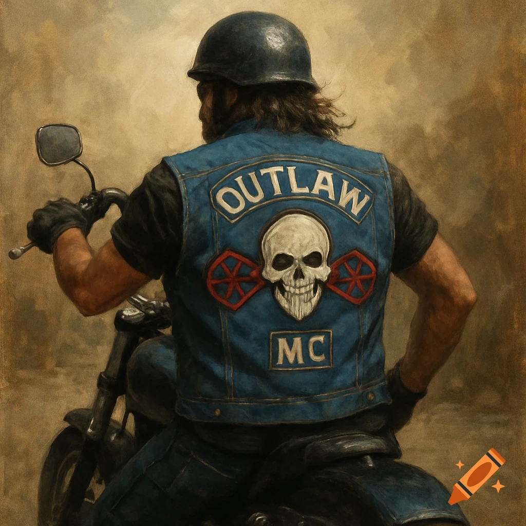 A biker viewed from behind, wearing a blue vest with an Outlaw MC patch on a motorcycle, in a painted style.