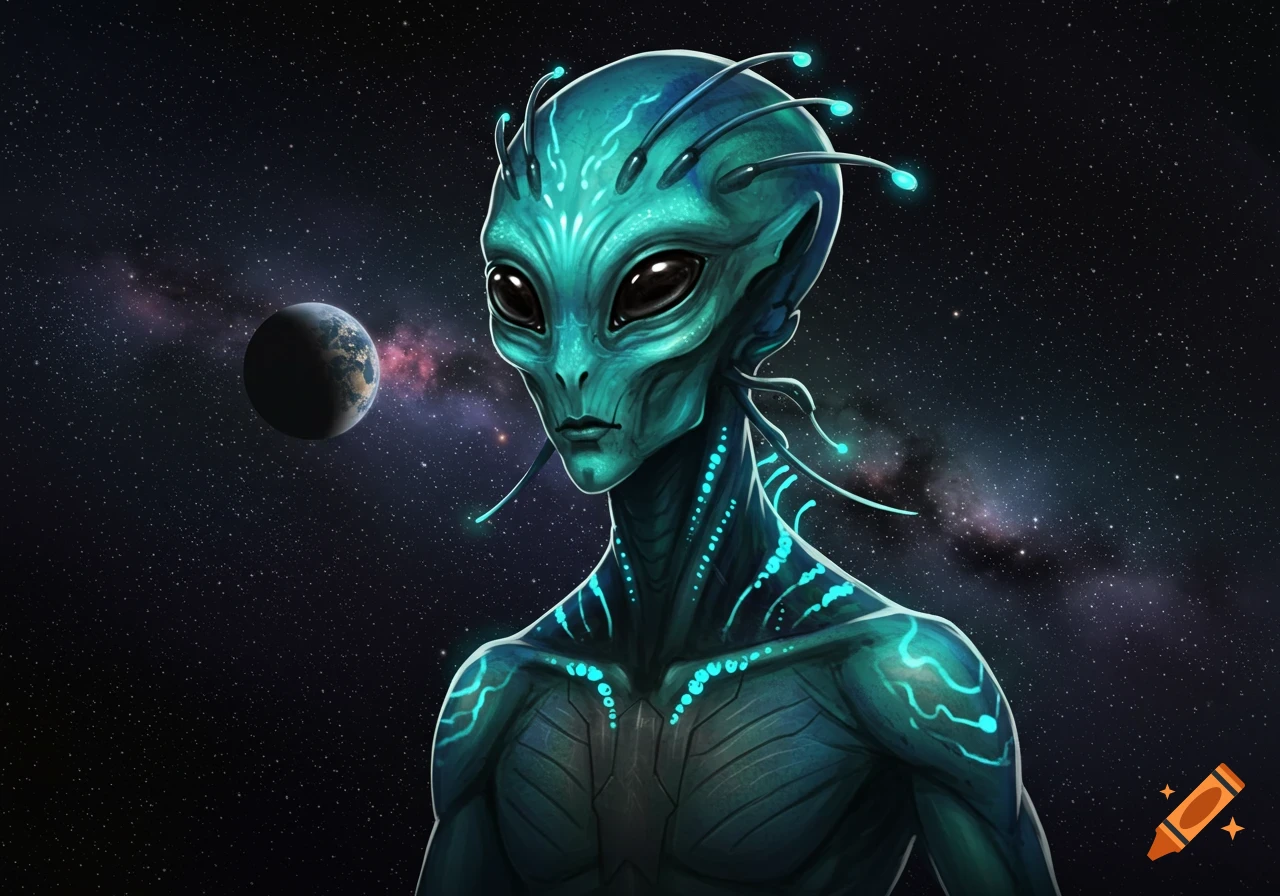 An illustration of a humanoid alien with blue-green skin and glowing blue markings stands in front of Earth and stars in space.