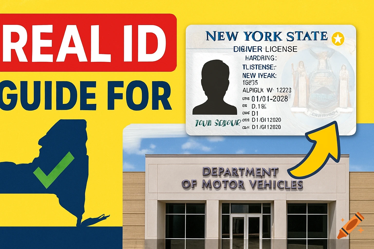REAL ID guide graphic with NY license mockup, state outline with checkmark, and DMV building.