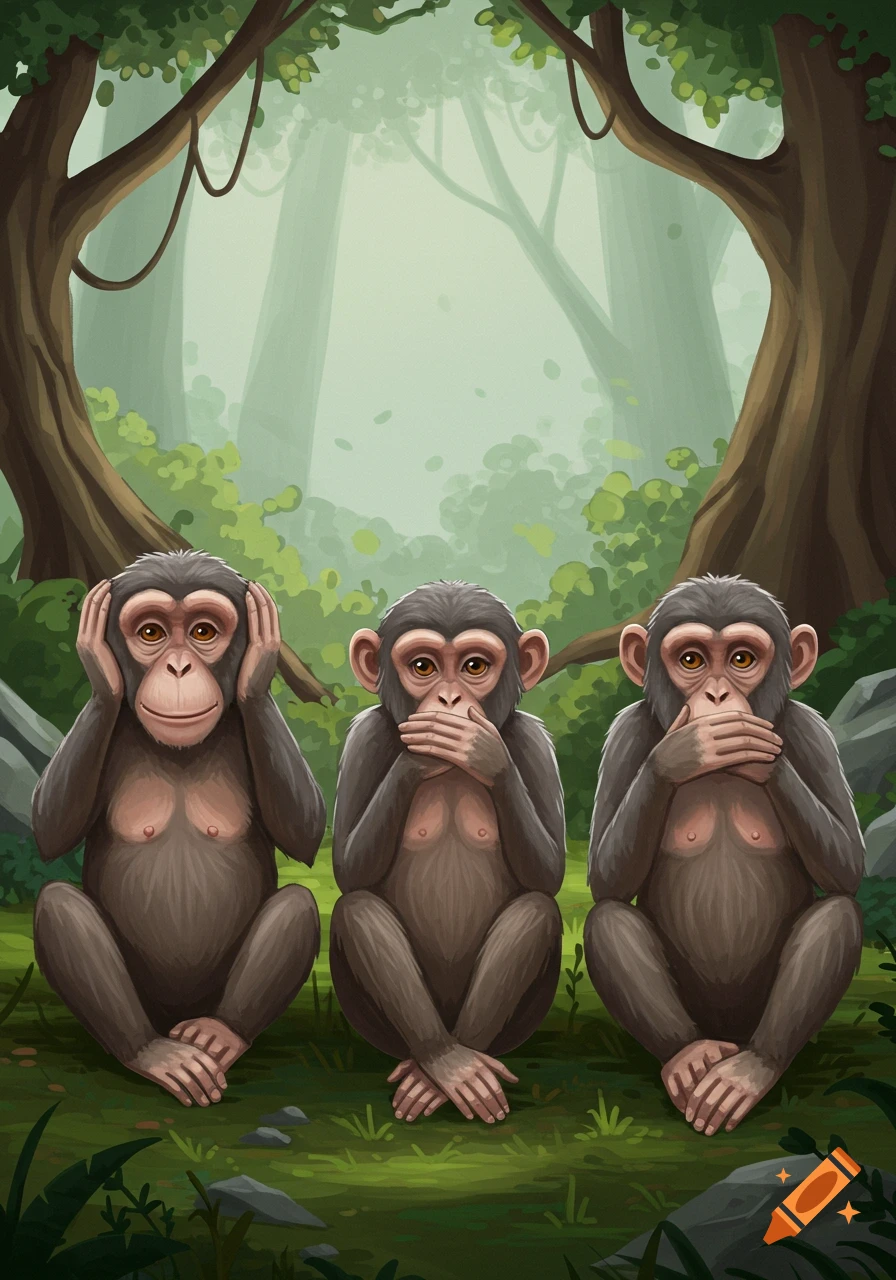 Three wise monkeys in a forest illustration.