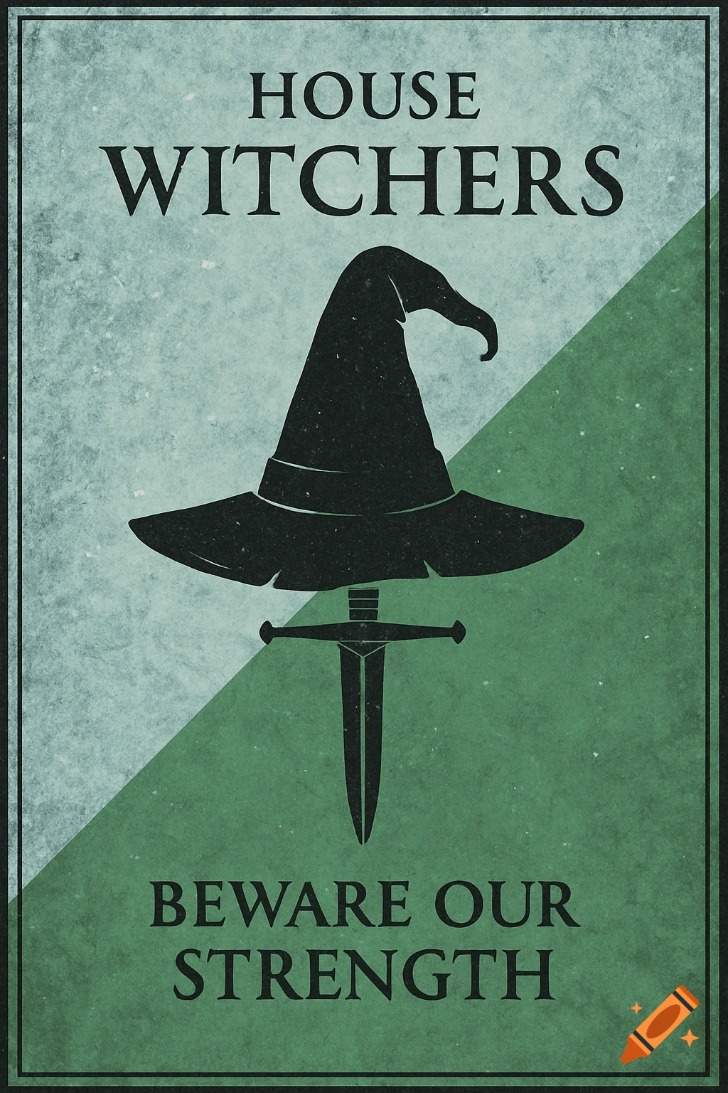 A diagonal two-tone banner, greenish-blue and green, featuring a black witch's hat pierced by a sword, with text 'HOUSE WITCHERS' above and 'BEWARE OUR STRENGTH' below. Distressed texture.