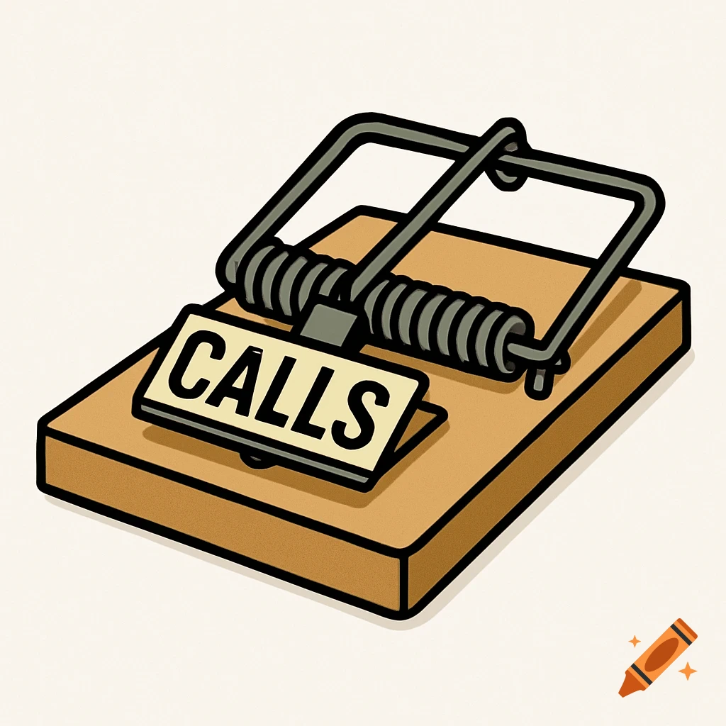 Clip art illustration of a mouse trap with the word CALLS on the bait.