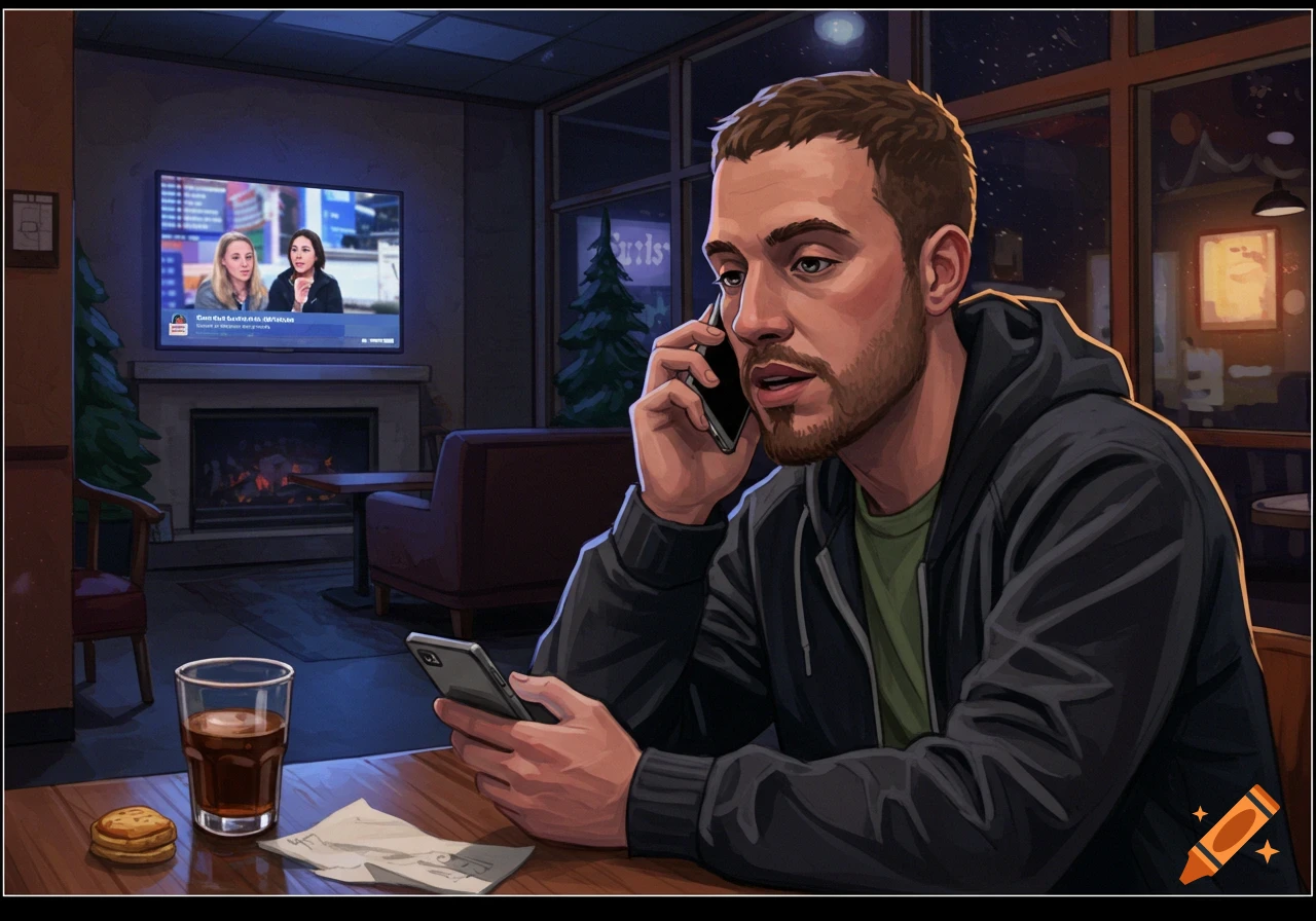 An illustration of a man talking on a phone while looking at another phone at a table in a cafe with a TV.