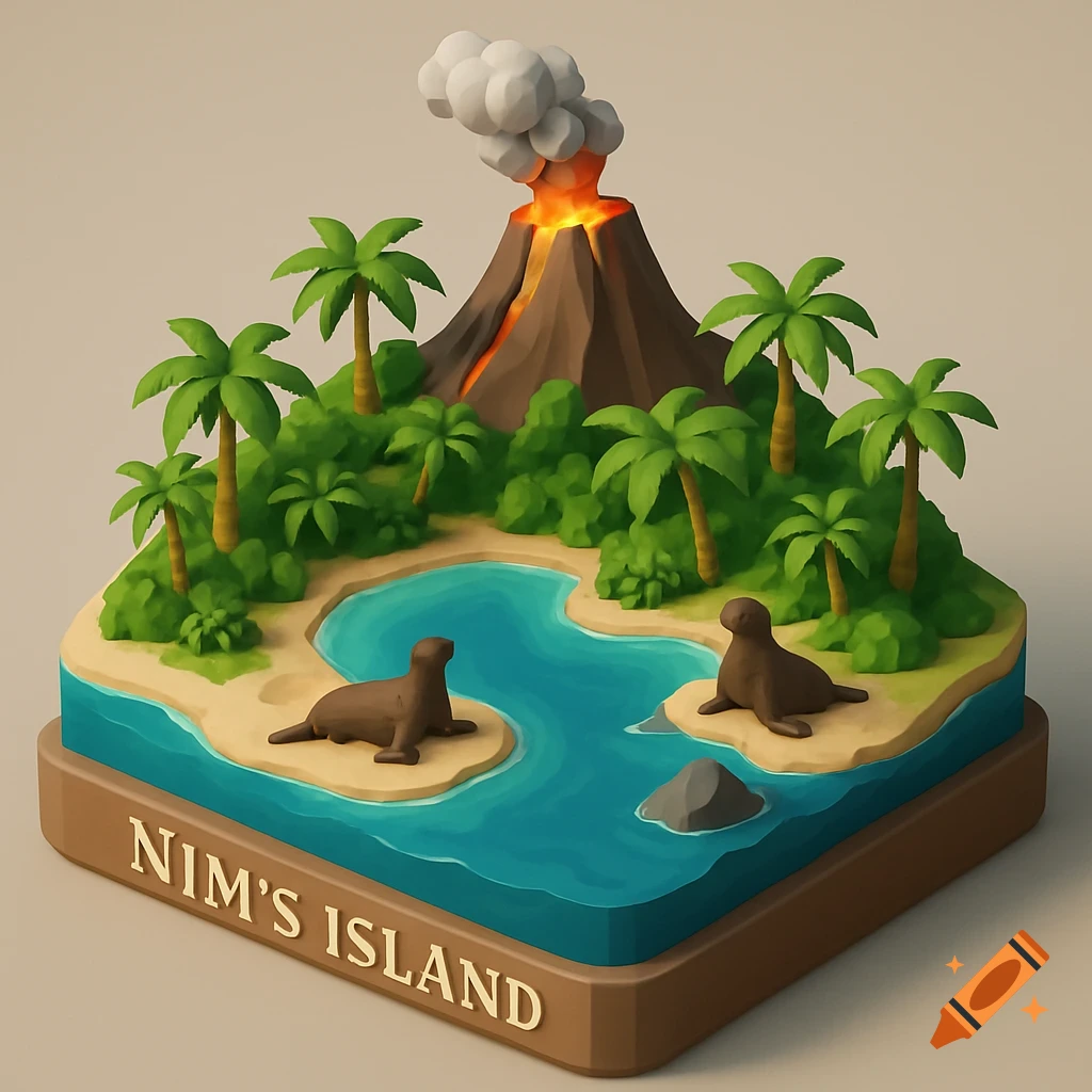 A stylized 3D diorama of a tropical island with a volcano, lagoon, seals, palm trees, and the text "NIM'S ISLAND".