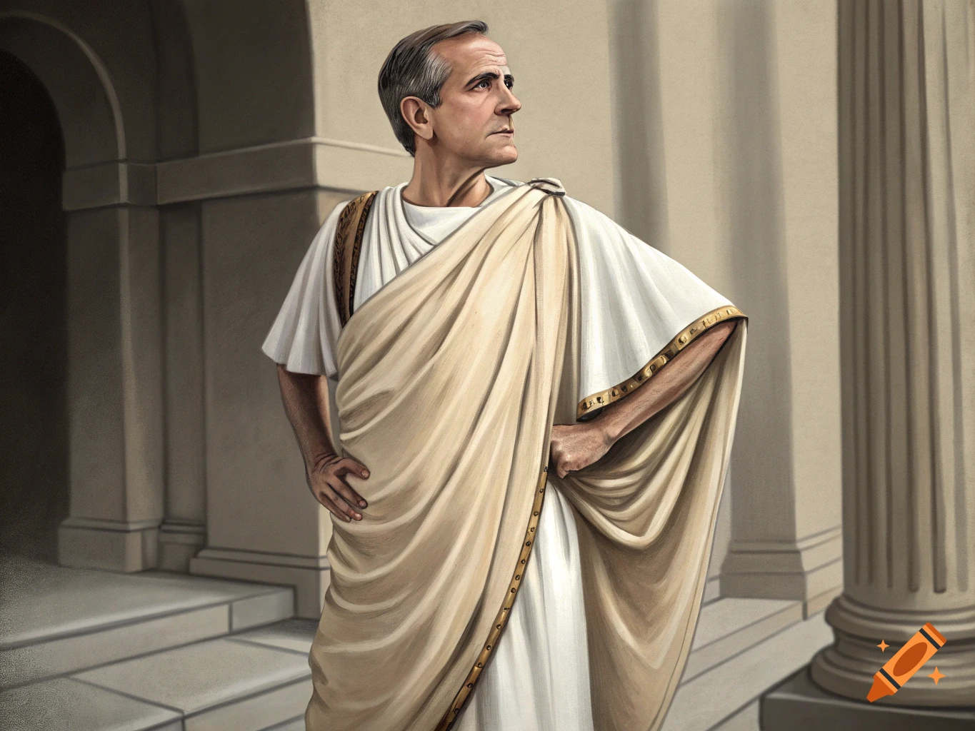 Digital painting of a man in a toga standing next to classical columns