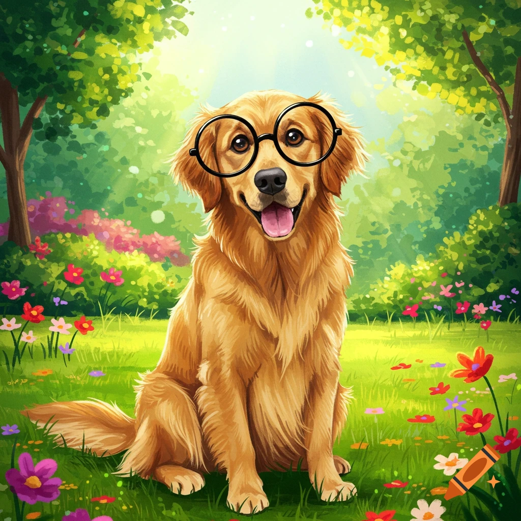 A golden retriever wearing glasses sits in a sunny, flowery garden.