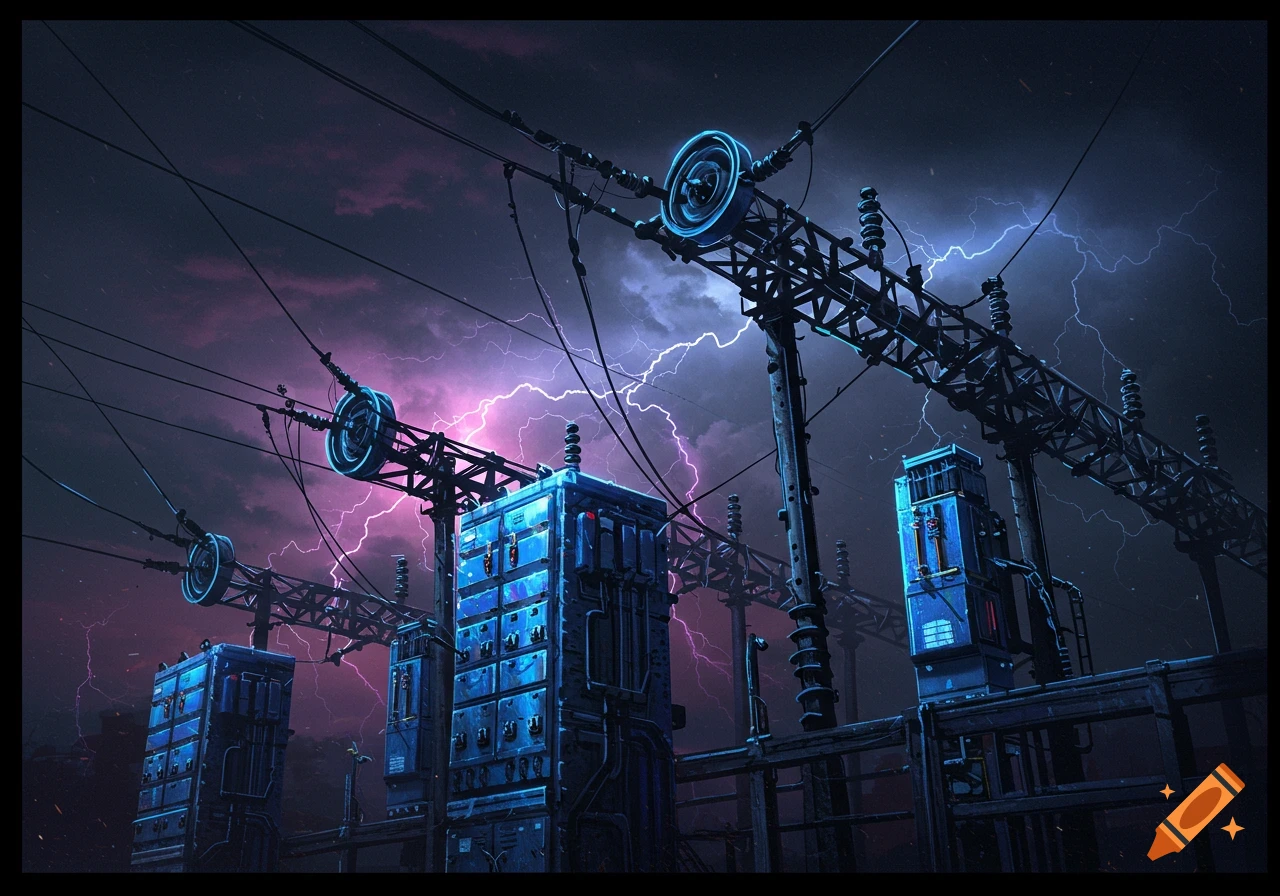 A power station with high-voltage lines under a stormy sky with lightning