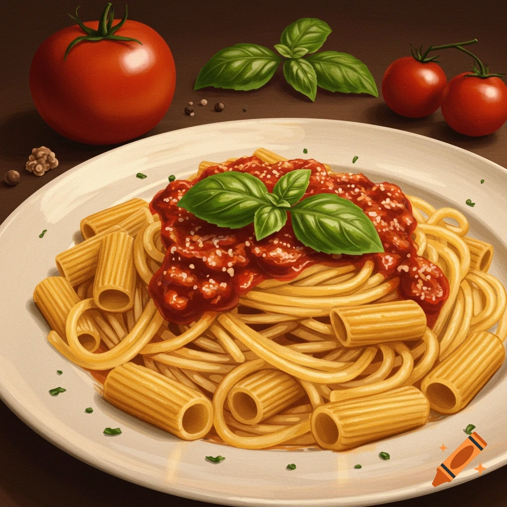 Plate of spaghetti and rigati pasta with tomato sauce and basil