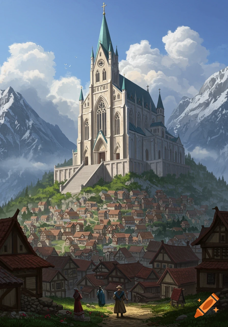A massive gothic church sits atop a mountain overlooking a fantasy village nestled below.