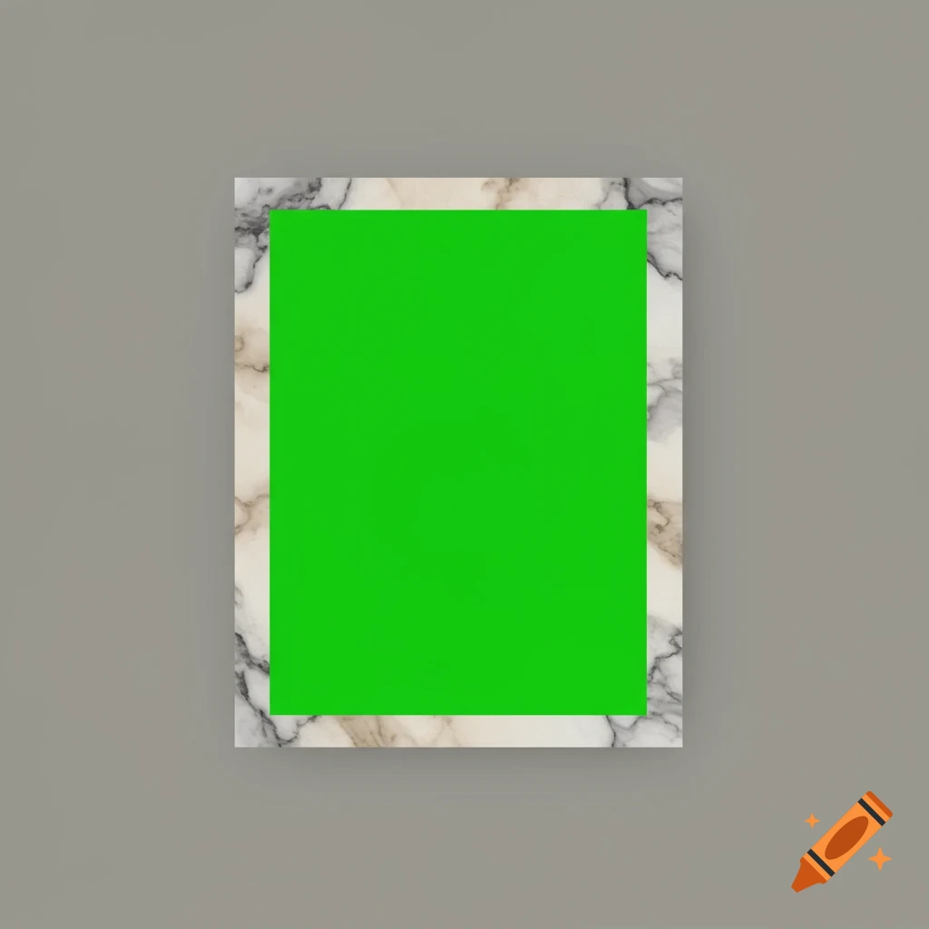 A minimalist marble frame with a bright green screen area inside, on a grey background.
