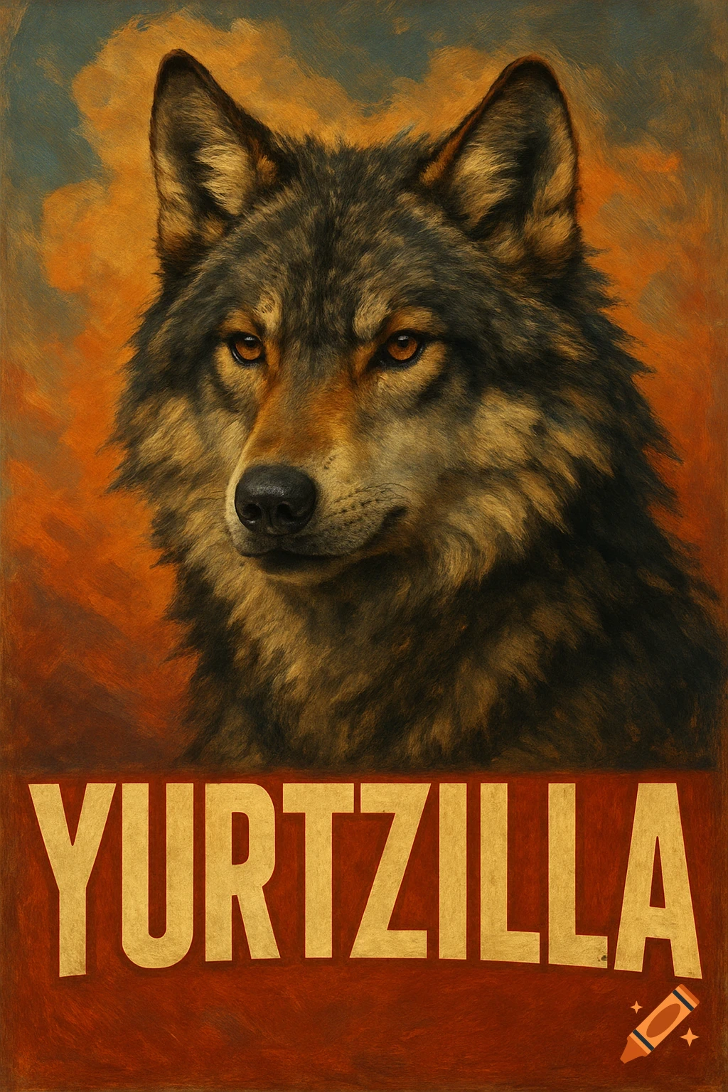 Portrait of a wolf with the text 'YURTZILLA' on a vintage-style poster.