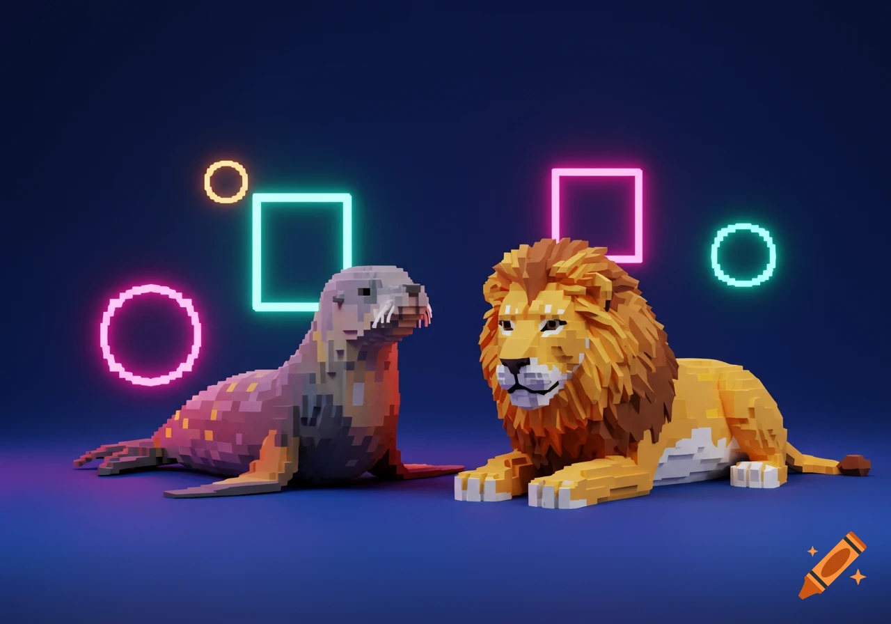 A voxel art render of a sea lion and lion laying down with neon shapes in the background.