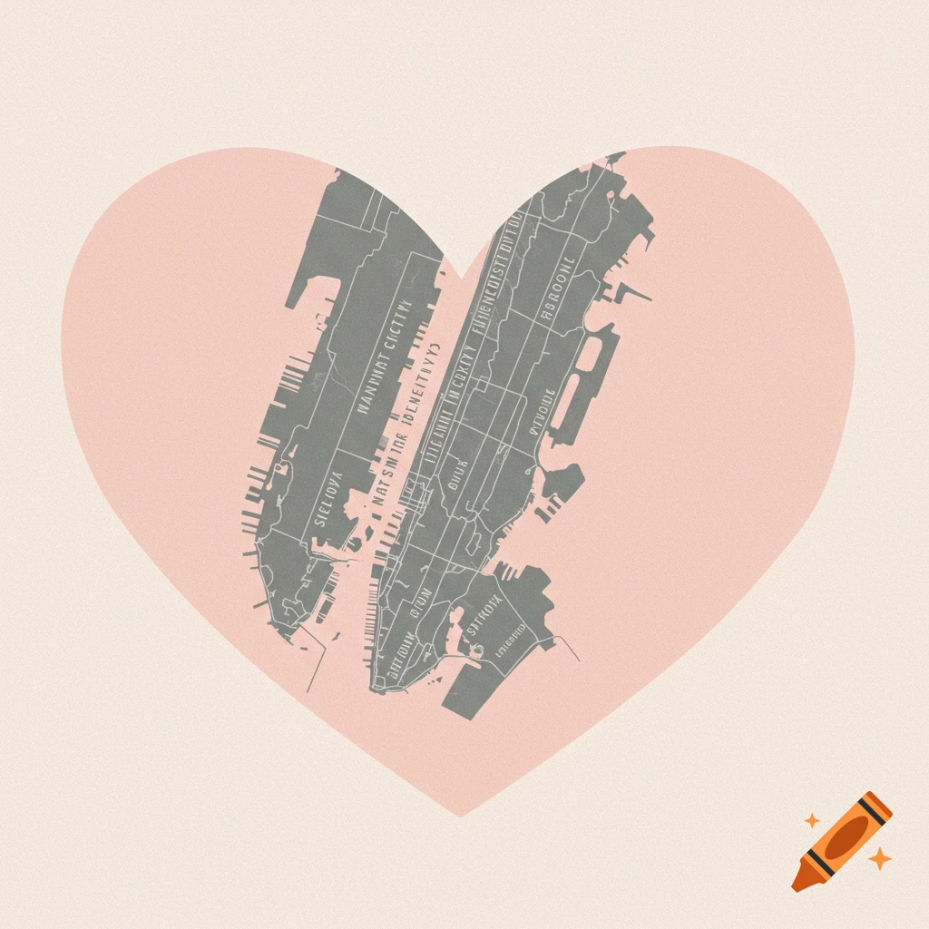 Stylized map of New York City shaped like a heart on a light background.