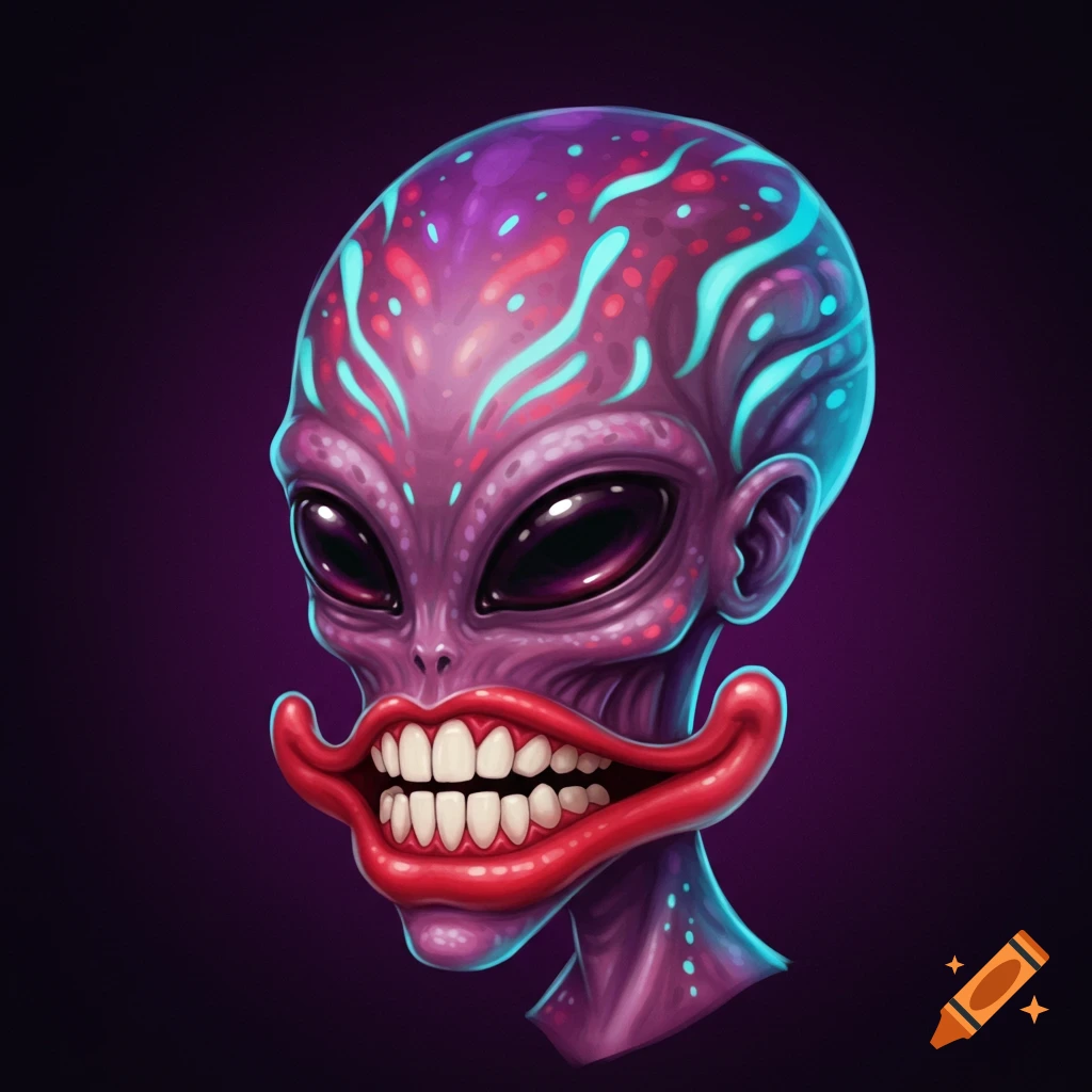Purple alien head with large black eyes and a wide, grinning mouth with red lips, in a stylized illustration.