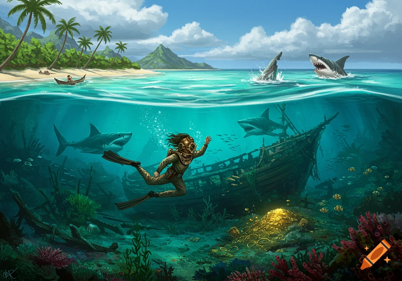 Diver in vintage gear explores a shipwreck and treasure surrounded by sharks in clear tropical water near a beach.