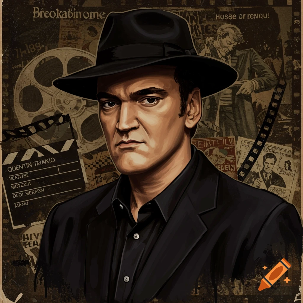 Stylized vintage portrait of Quentin Tarantino in a fedora, with film reel and clapperboard collage background.