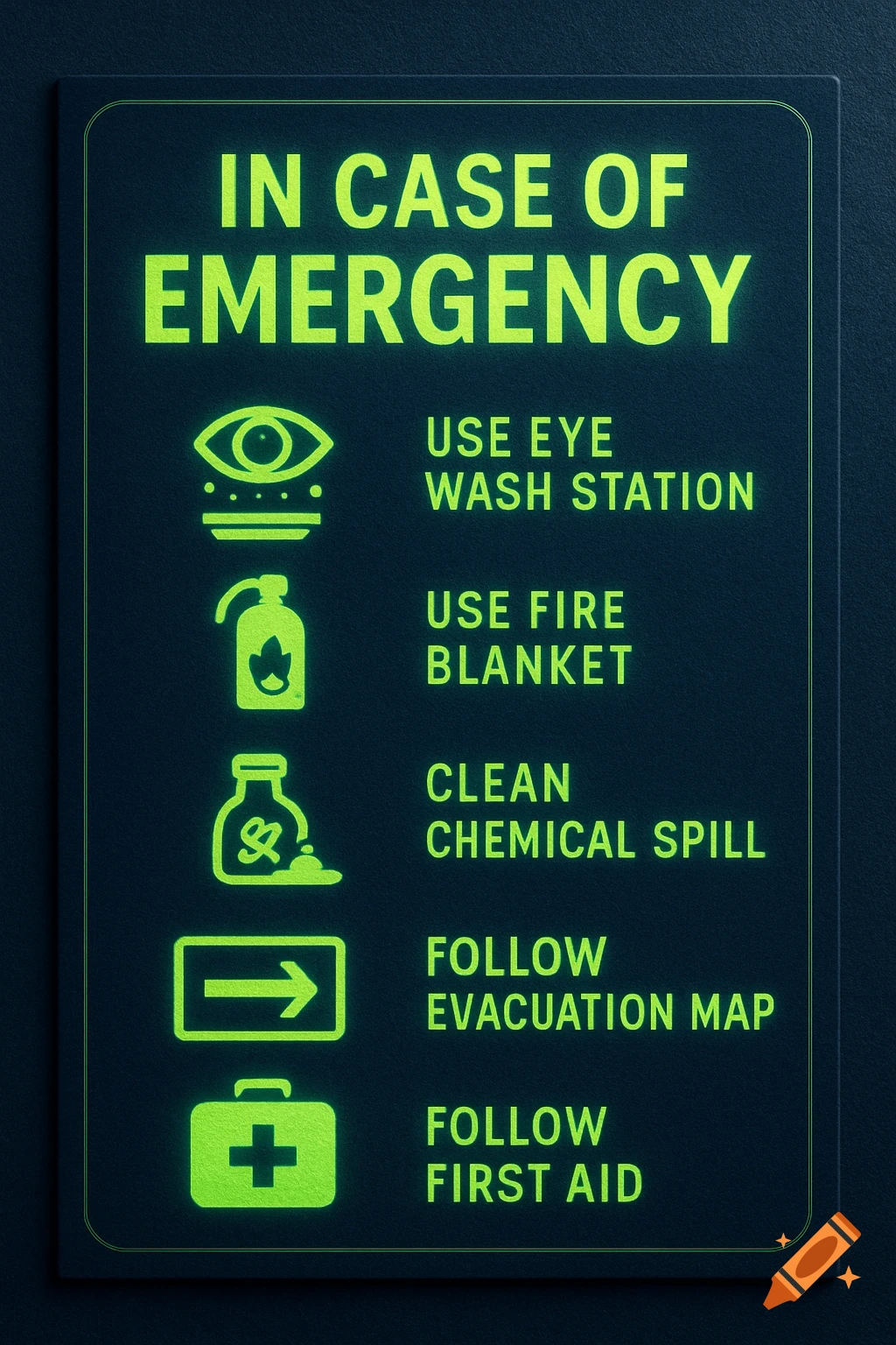 An emergency safety sign with green text and icons on a dark blue background.