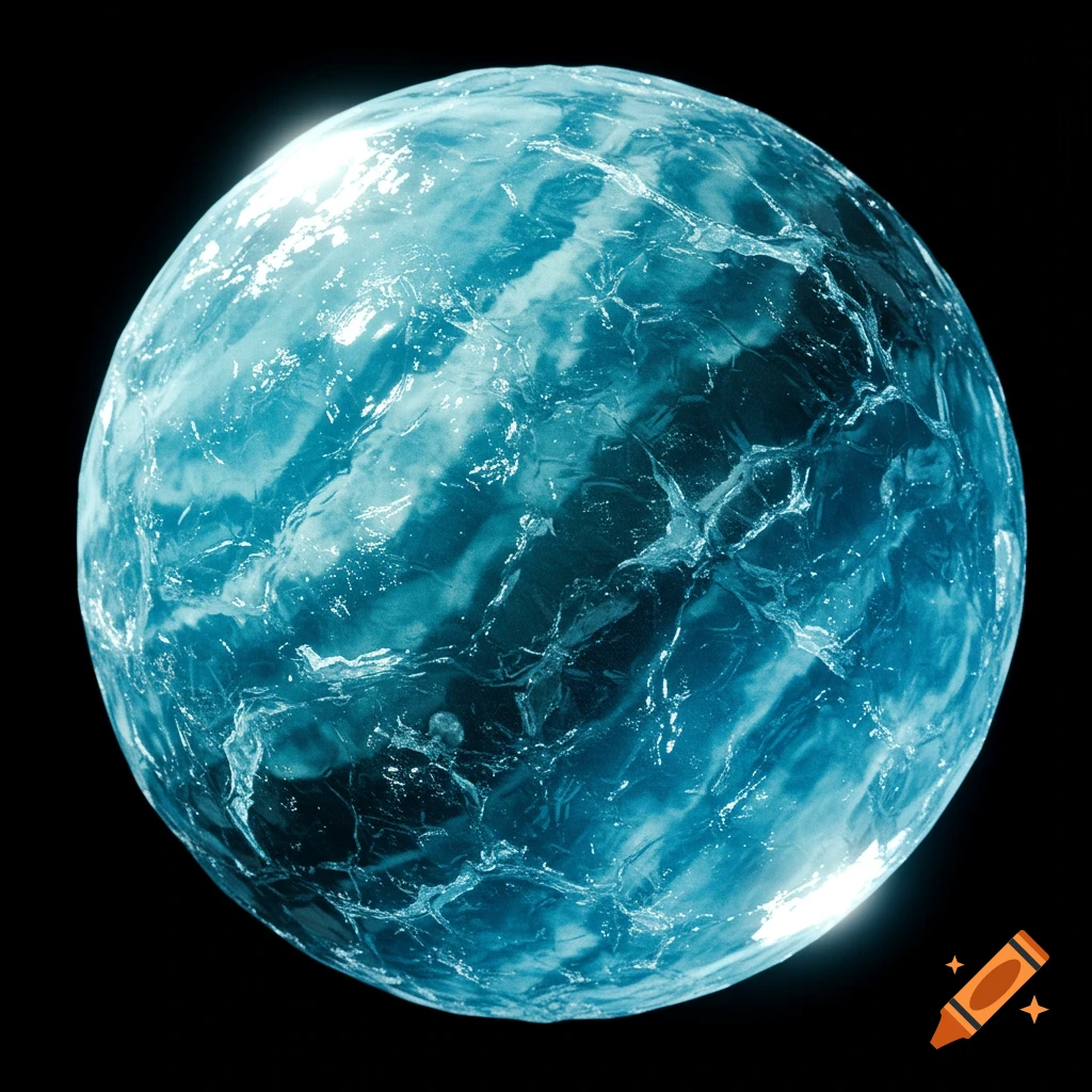 A close-up of a blue sphere with a cracked, icy surface floating in a black void.