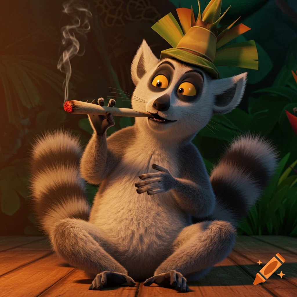 King Julian from Madagascar smoking a blunt in a jungle setting.