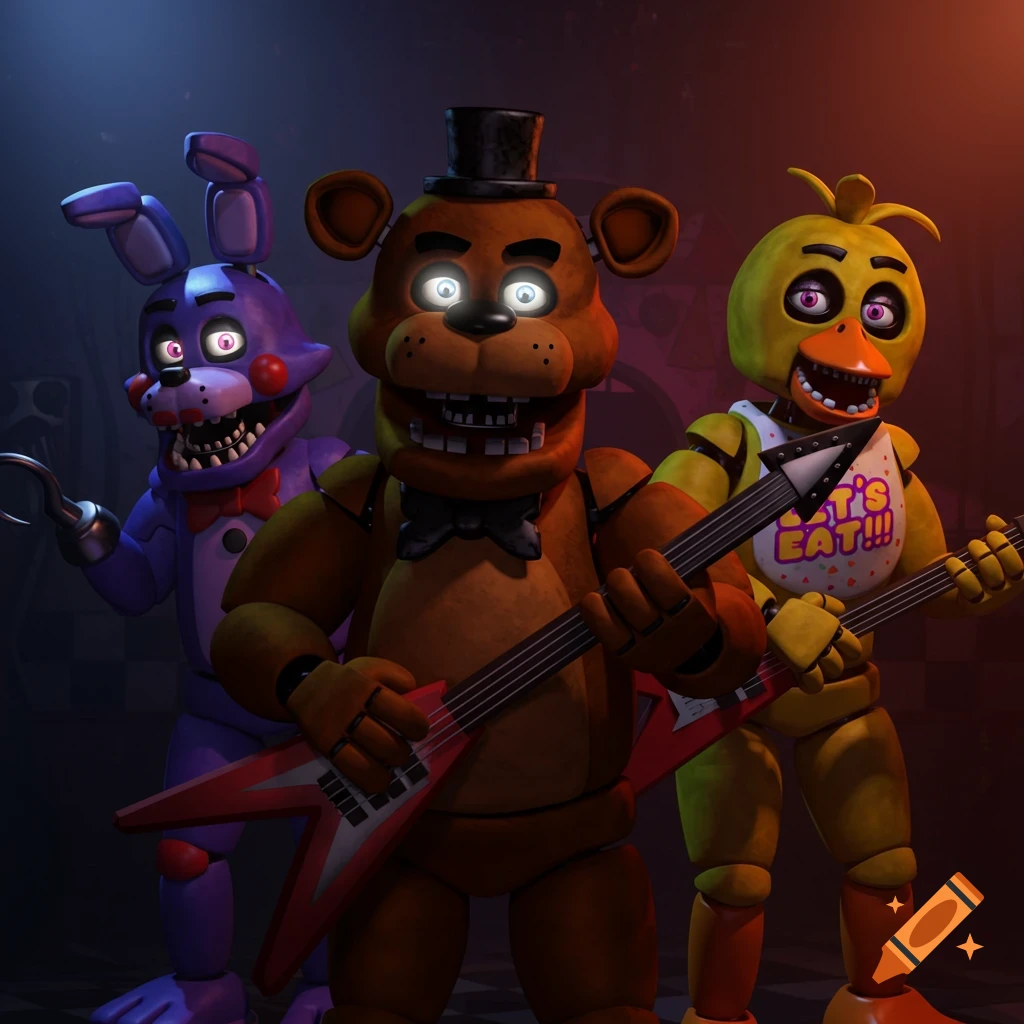 FNAF characters Freddy, Bonnie, and Chica playing electric guitars.