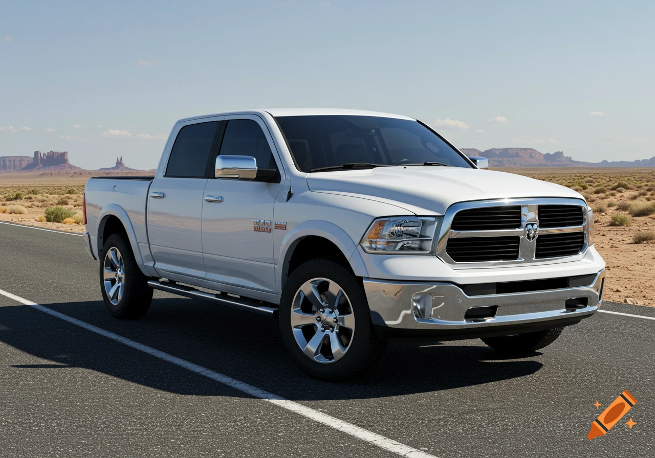 A white Ram 1500 truck on a road in a desert landscape.