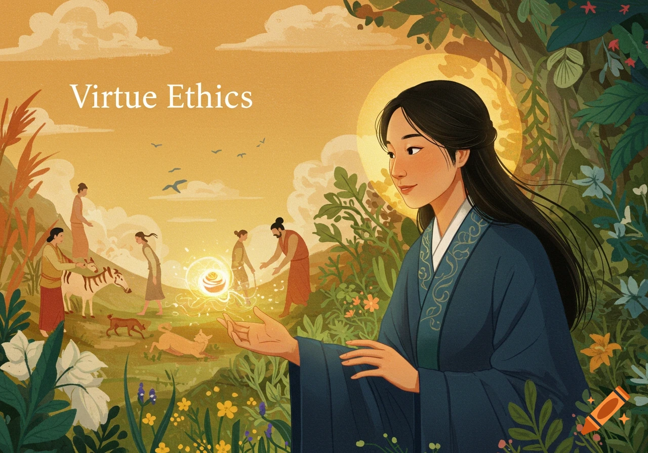 Illustration of people, animals, and nature with text Virtue Ethics