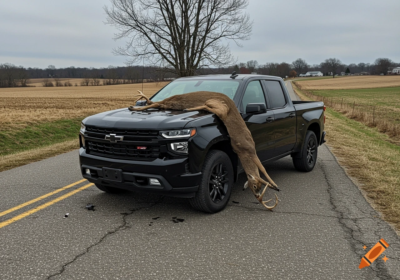 A black truck with a dead deer on its hood parked on a rural road.