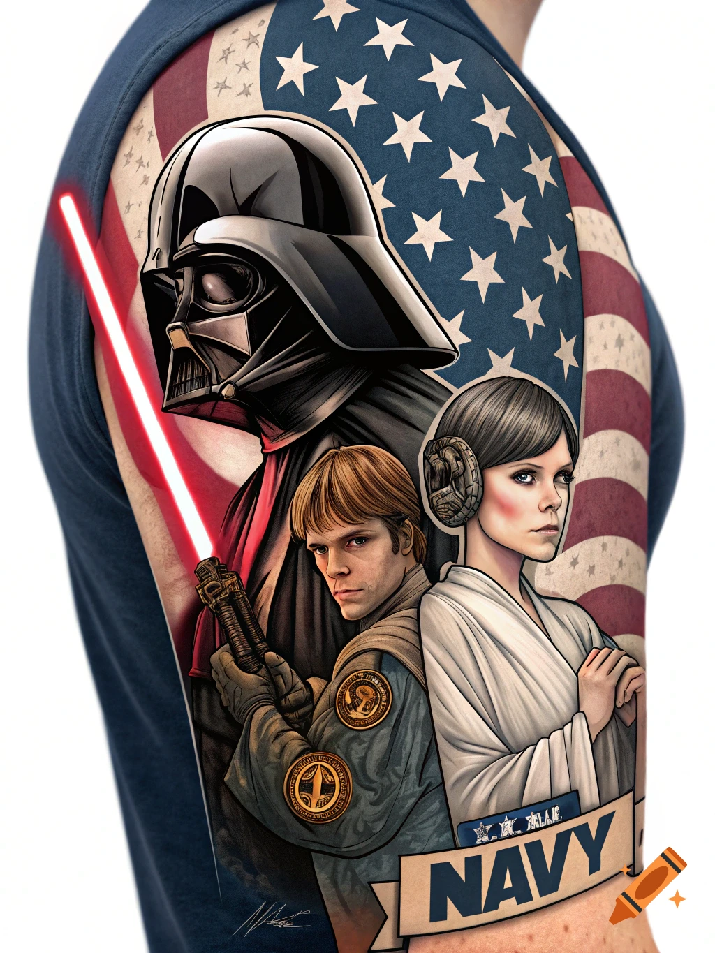Full arm sleeve tattoo featuring Darth Vader, Luke Skywalker, and Leia Organa in front of a US flag, with a banner reading NAVY below.