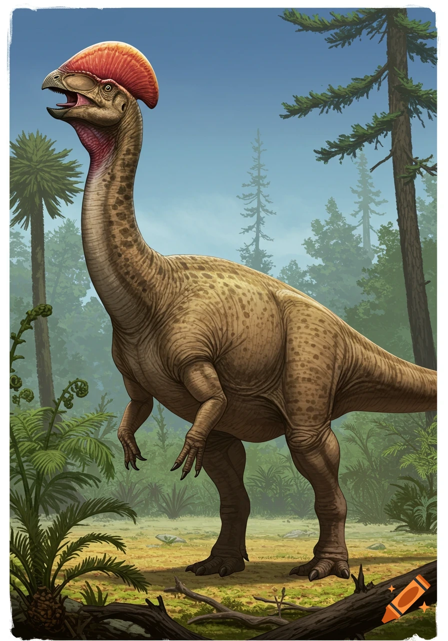 Illustration of an Olorotitan dinosaur with a red crest standing in a prehistoric forest.