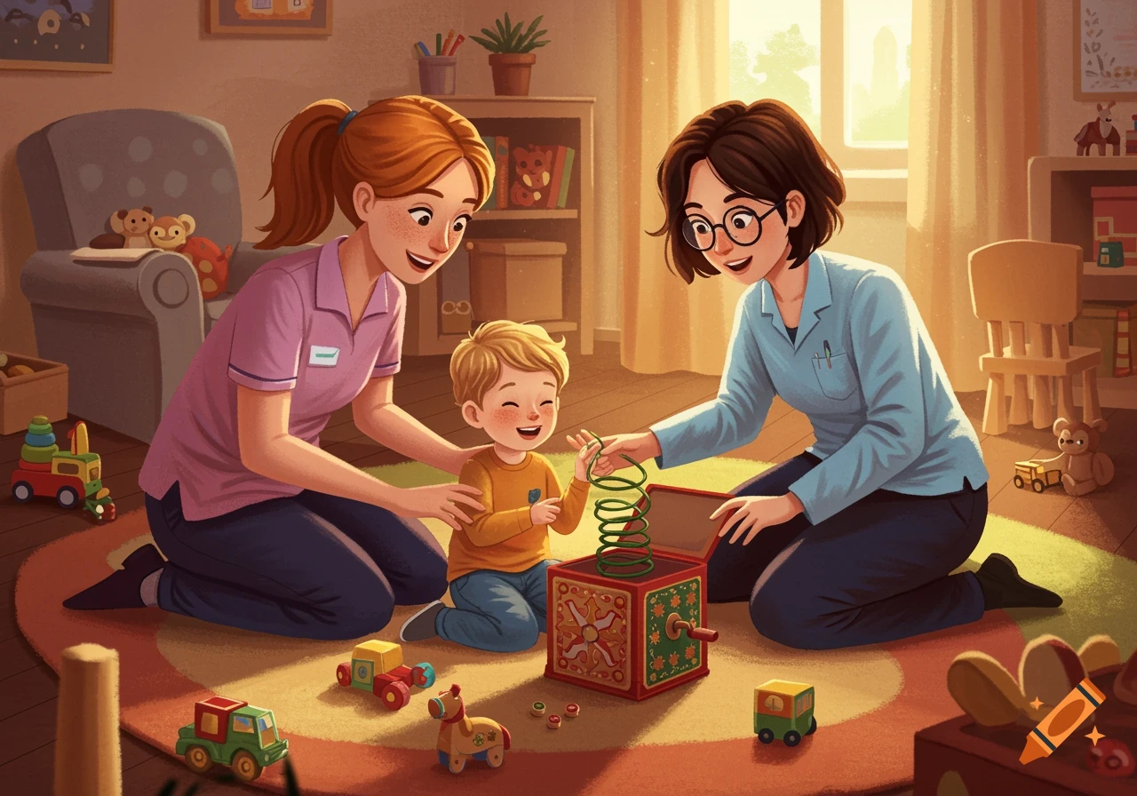 Two women and a young boy playing with a jack-in-the-box and other toys on a rug in a sunny room, illustration