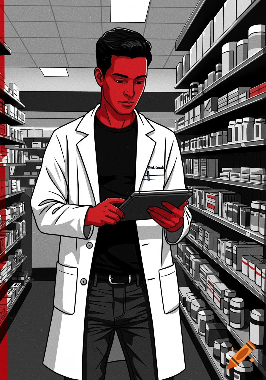 Stylized red and black illustration of a person in a lab coat holding a tablet in a pharmacy aisle.