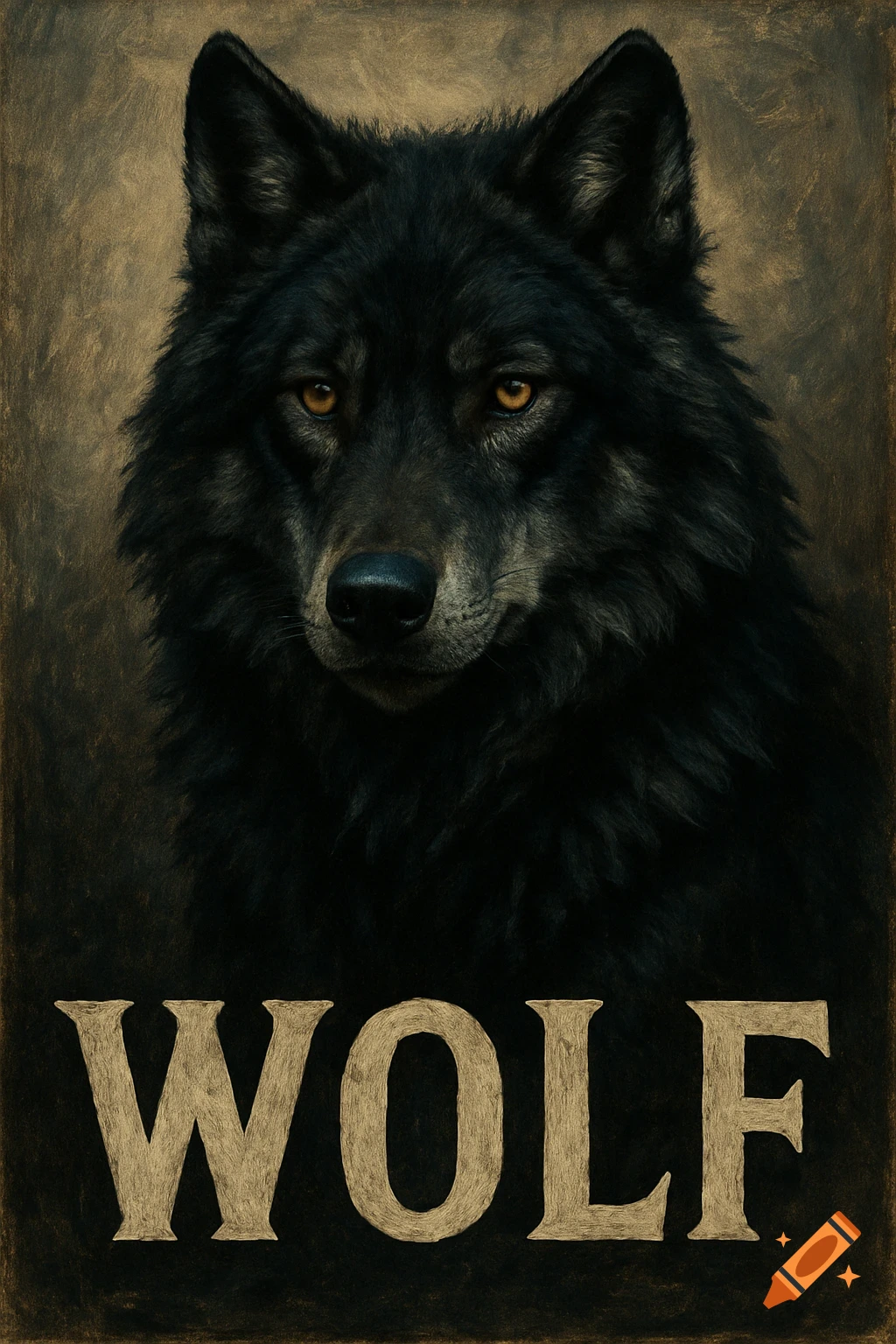 Close-up portrait of a black wolf with the word 'WOLF' below, in a textured style.