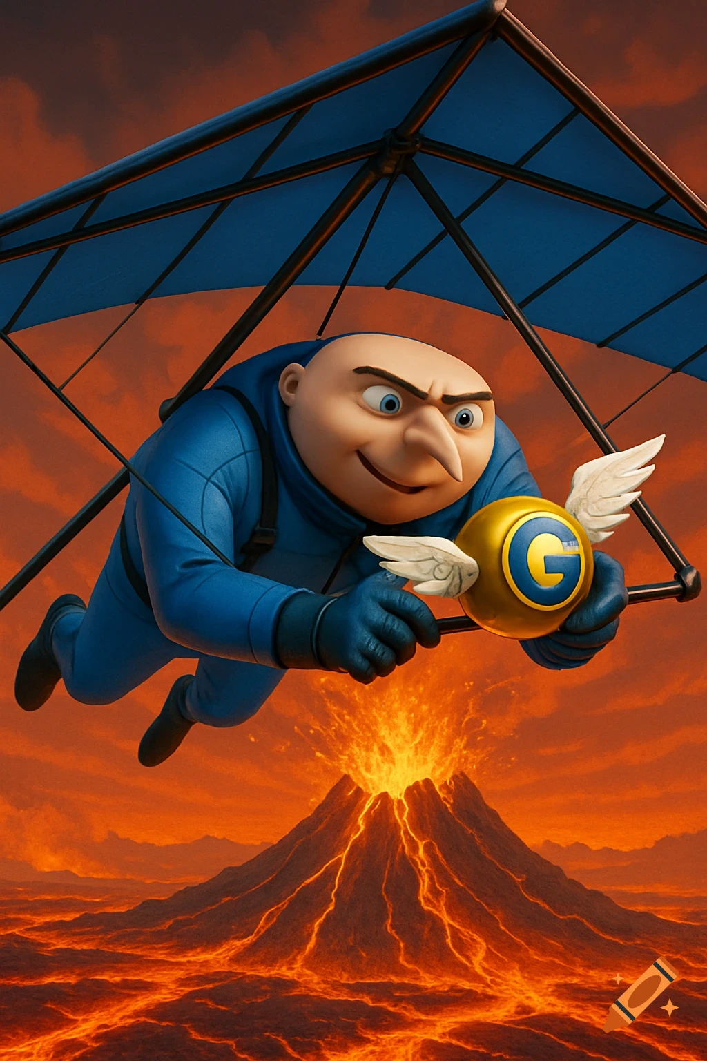 Gru hang gliding over a volcanic eruption, holding a golden ball with a 'G' and wings.