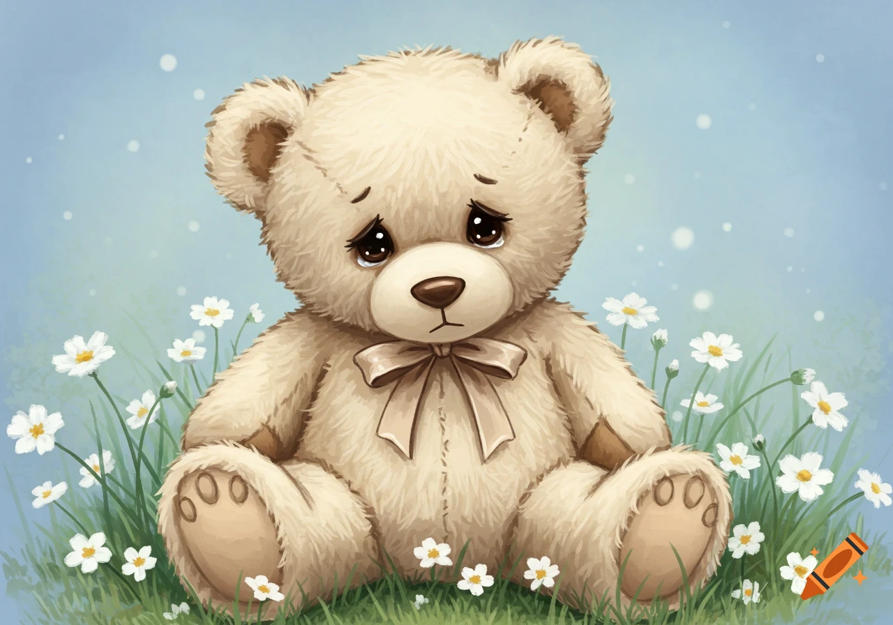 Sad teddy bear sitting among white flowers with a soft blue background.