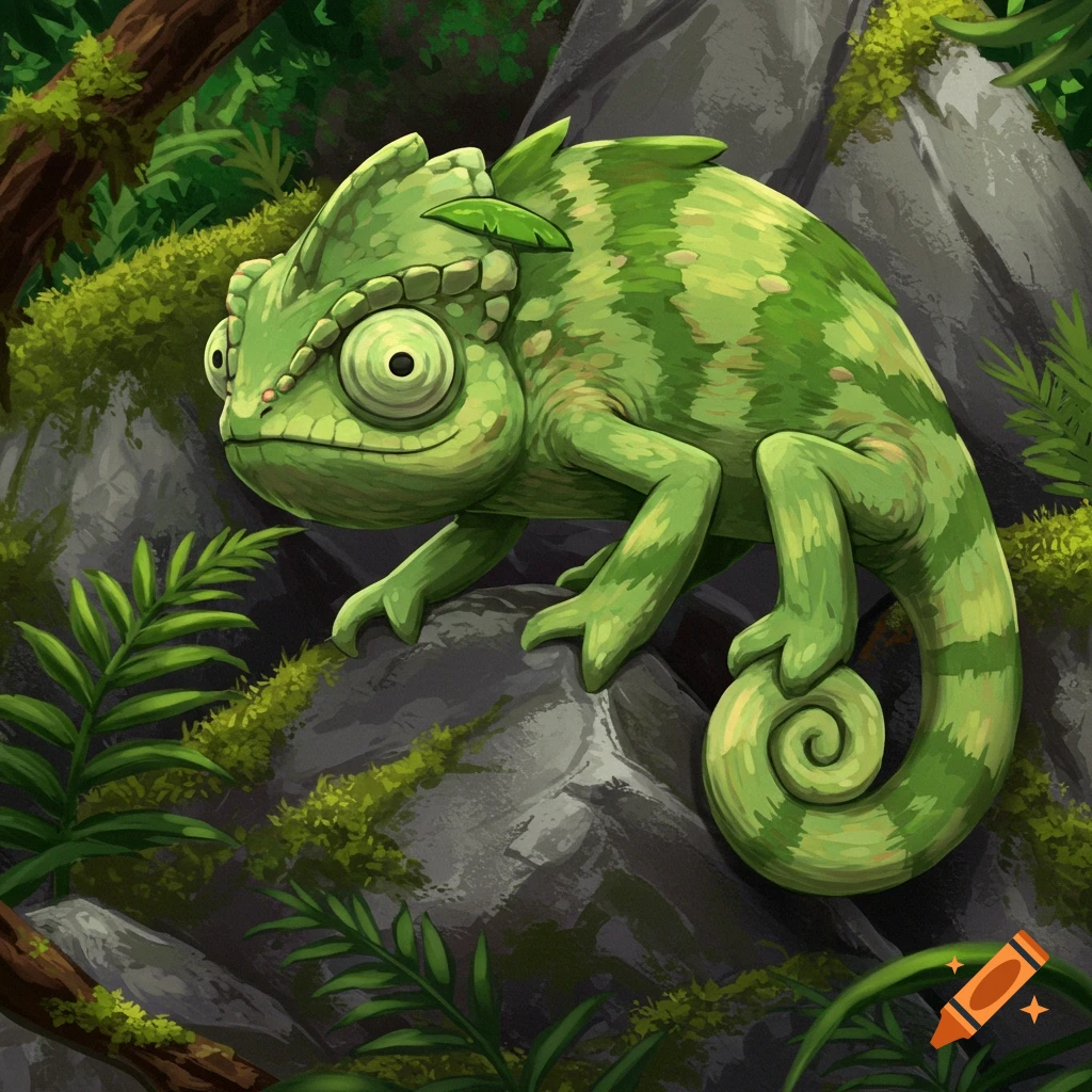 An illustrative image of a green chameleon perched on mossy rocks and branches in a forest.