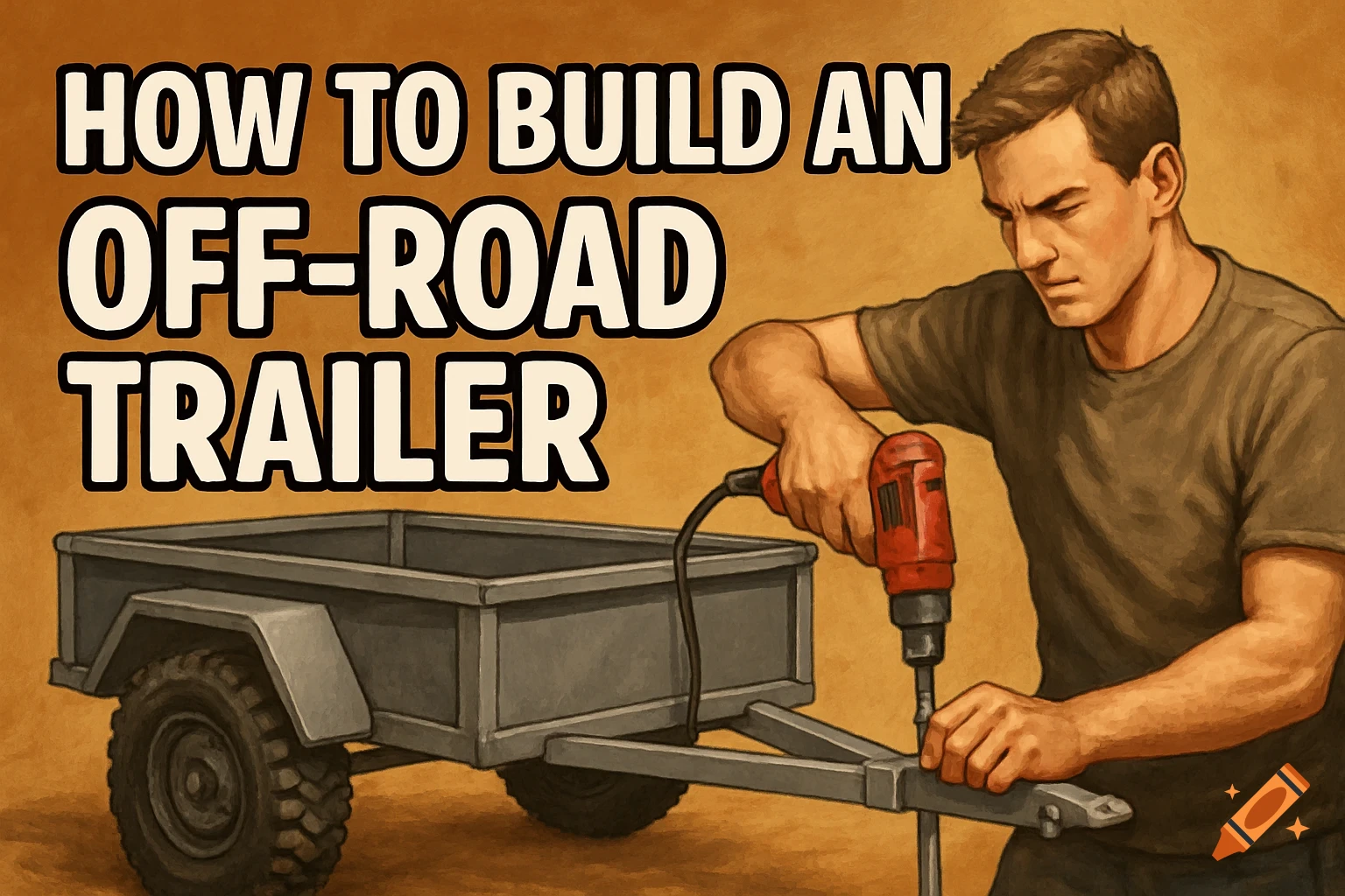 Illustration of a man building an off-road trailer with the title 'HOW TO BUILD AN OFF-ROAD TRAILER'.