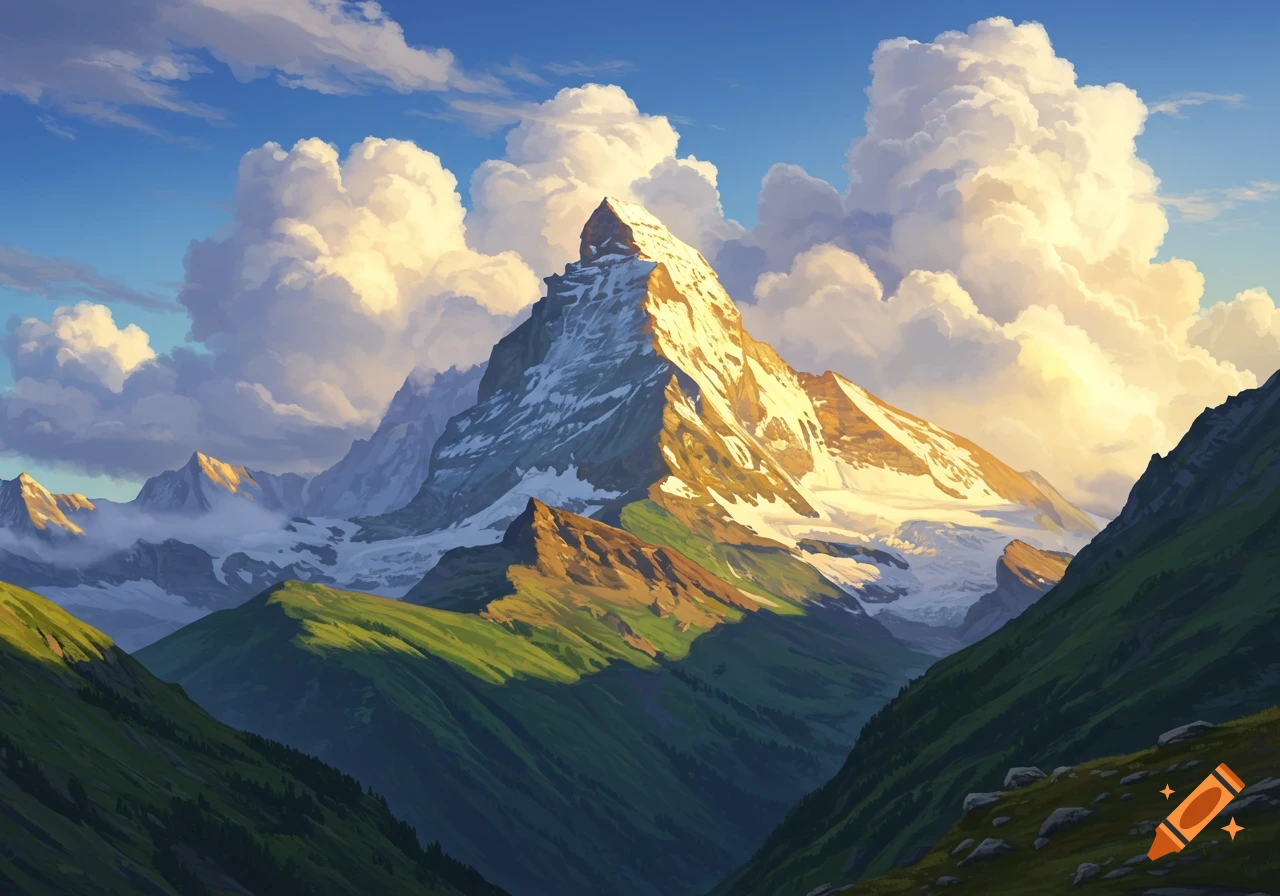 A detailed painting of a tall, snowy mountain peak with green valleys and clouds.