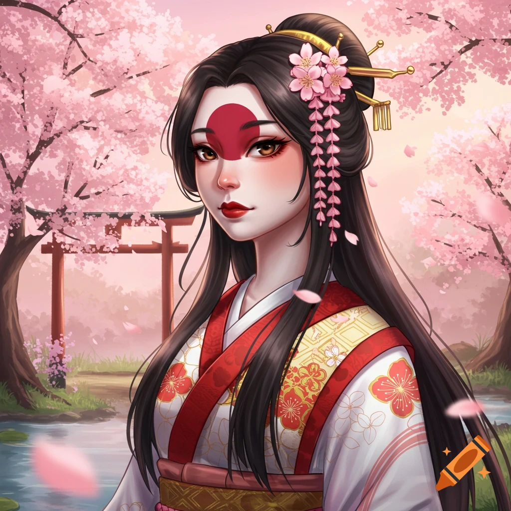 An anime-style illustration of a woman personifying Japan, wearing a kimono with a red circle on her forehead, standing among cherry blossoms and a torii gate.
