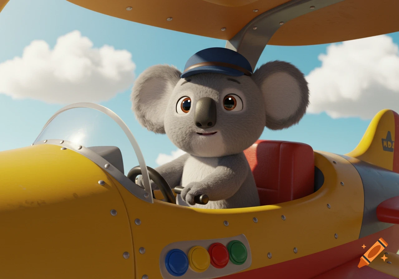 A cartoon koala wearing a pilot hat sits in the cockpit of a small yellow and red airplane in an animation style.