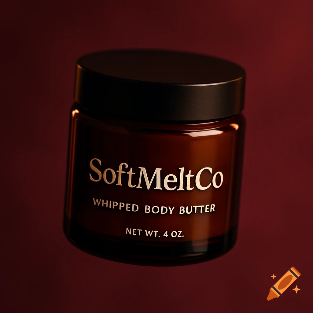 A deep amber glass jar of SoftMeltCo whipped body butter floats against a dark red background.