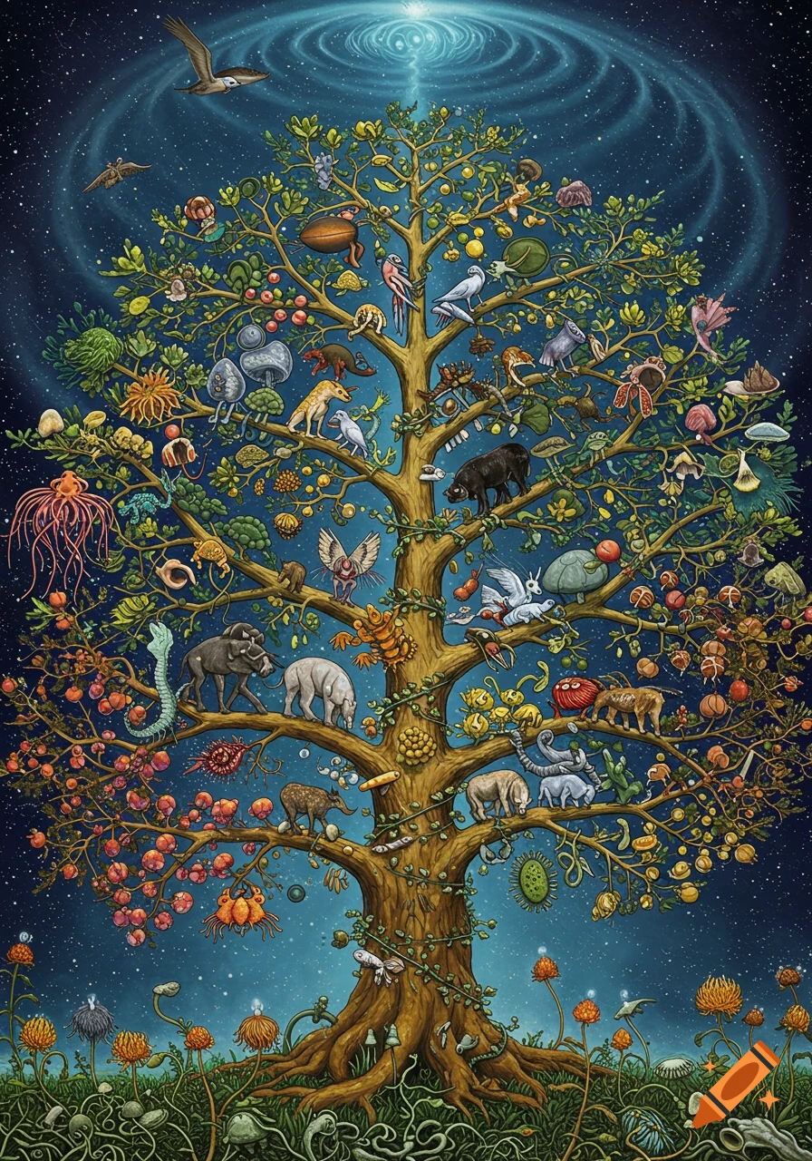 Stylized illustration of a tree filled with diverse organisms representing the tree of life against a starry sky.