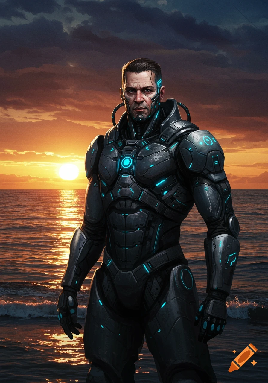 Cyborg soldier standing by the ocean at sunset.