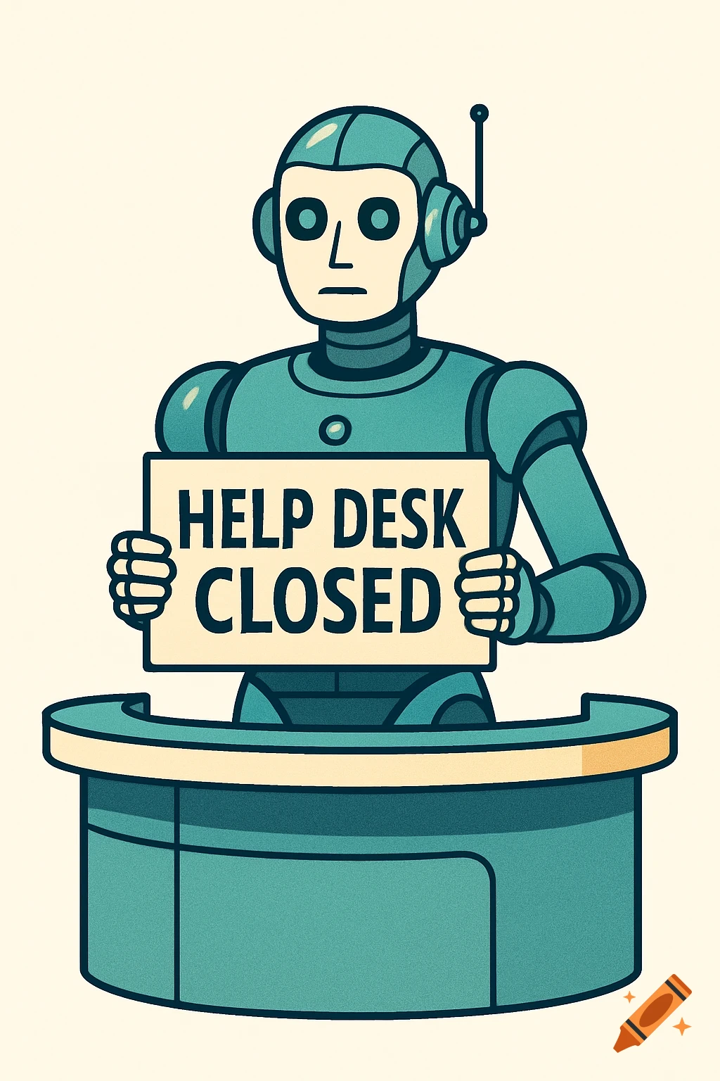 A retro-futuristic robot holds a sign that reads 'Help Desk Closed'.