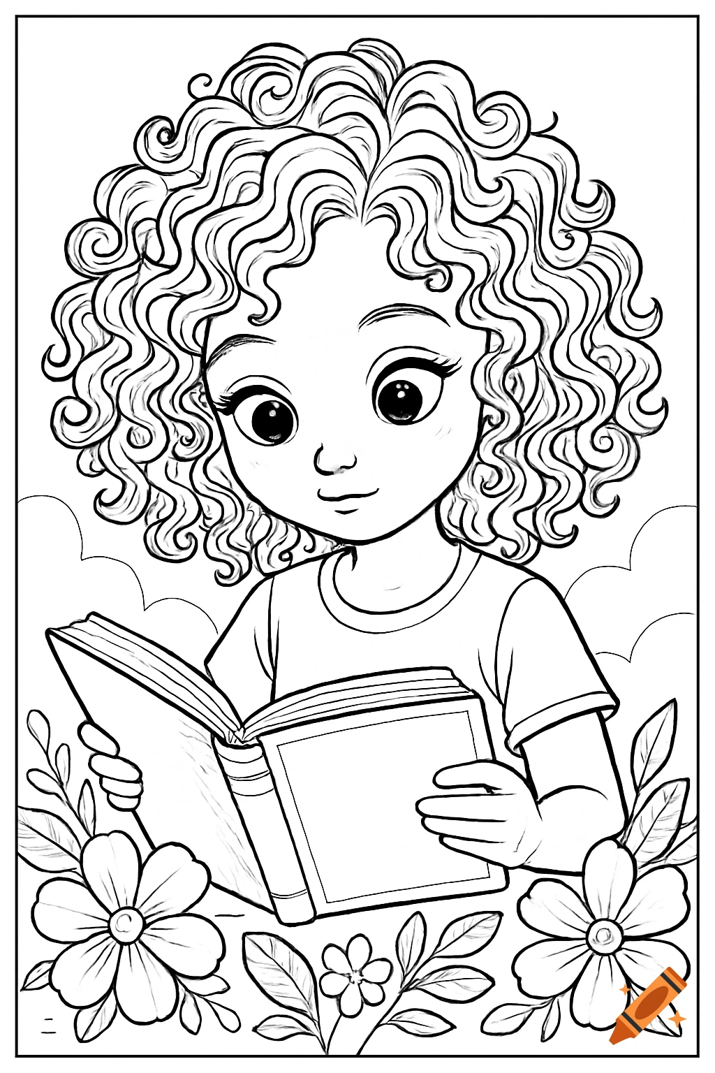 Line drawing of a curly-haired girl reading a book with flowers, coloring page style.