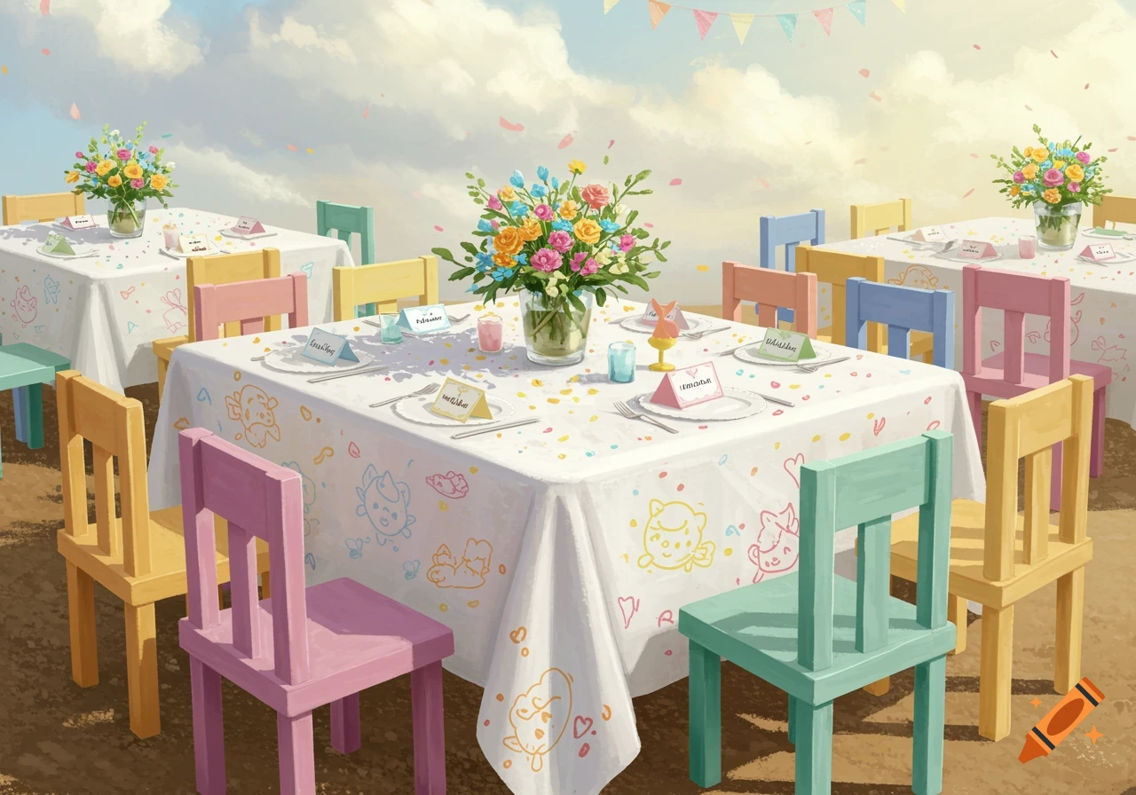 Kids wedding reception table with colorful chairs, flower arrangements, and patterned tablecloths.