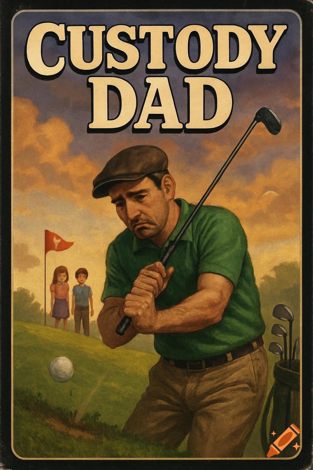 Illustrated video game cover 'Custody Dad' shows a sad man golfing with two kids in the background.
