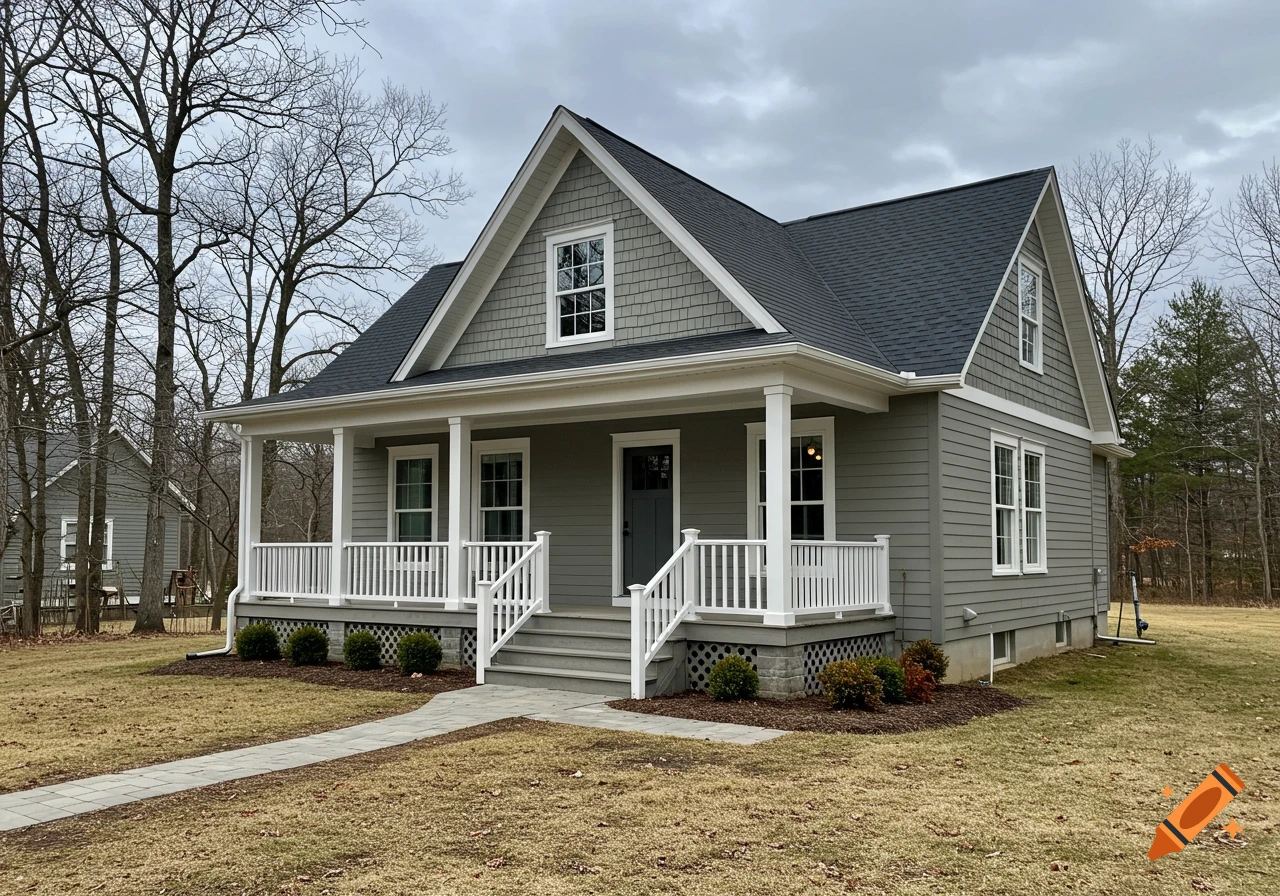 Grey house with white trim, porch, and path.