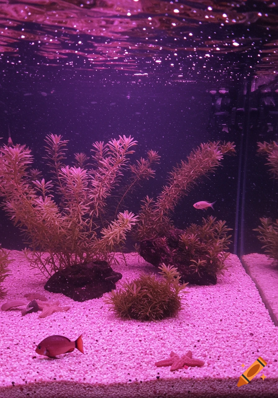 Dreamy pink underwater scene with fish, aquatic plants, and starfish on the sandy bottom.