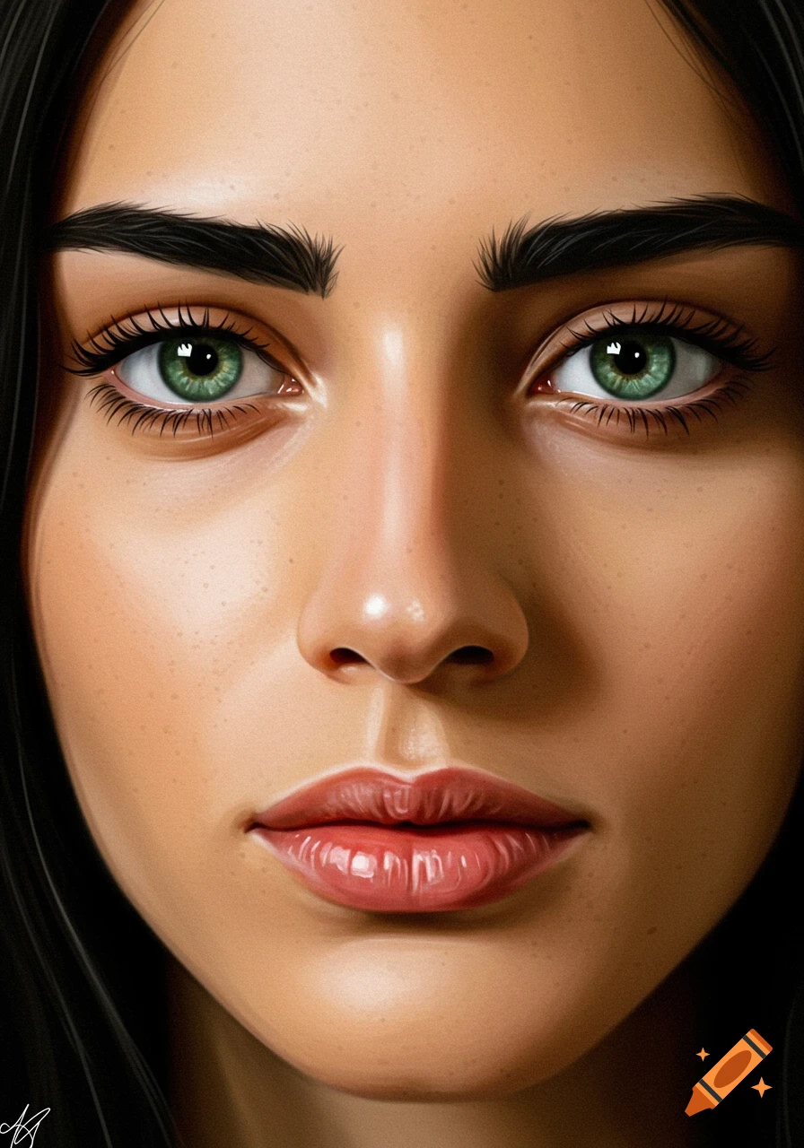 Realistic close-up portrait of a face with green eyes and dark hair.