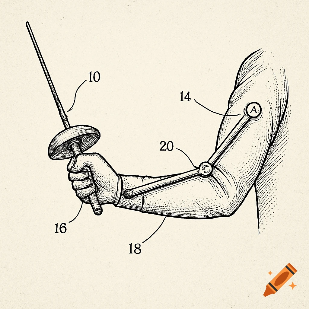 Patent drawing of a fencer's arm with a mechanical attachment.